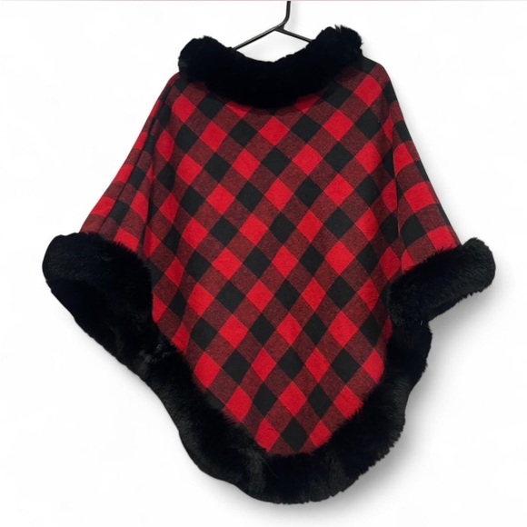 Sweaters - Red and Black Plaid Reversible Poncho with Faux Fur Trim